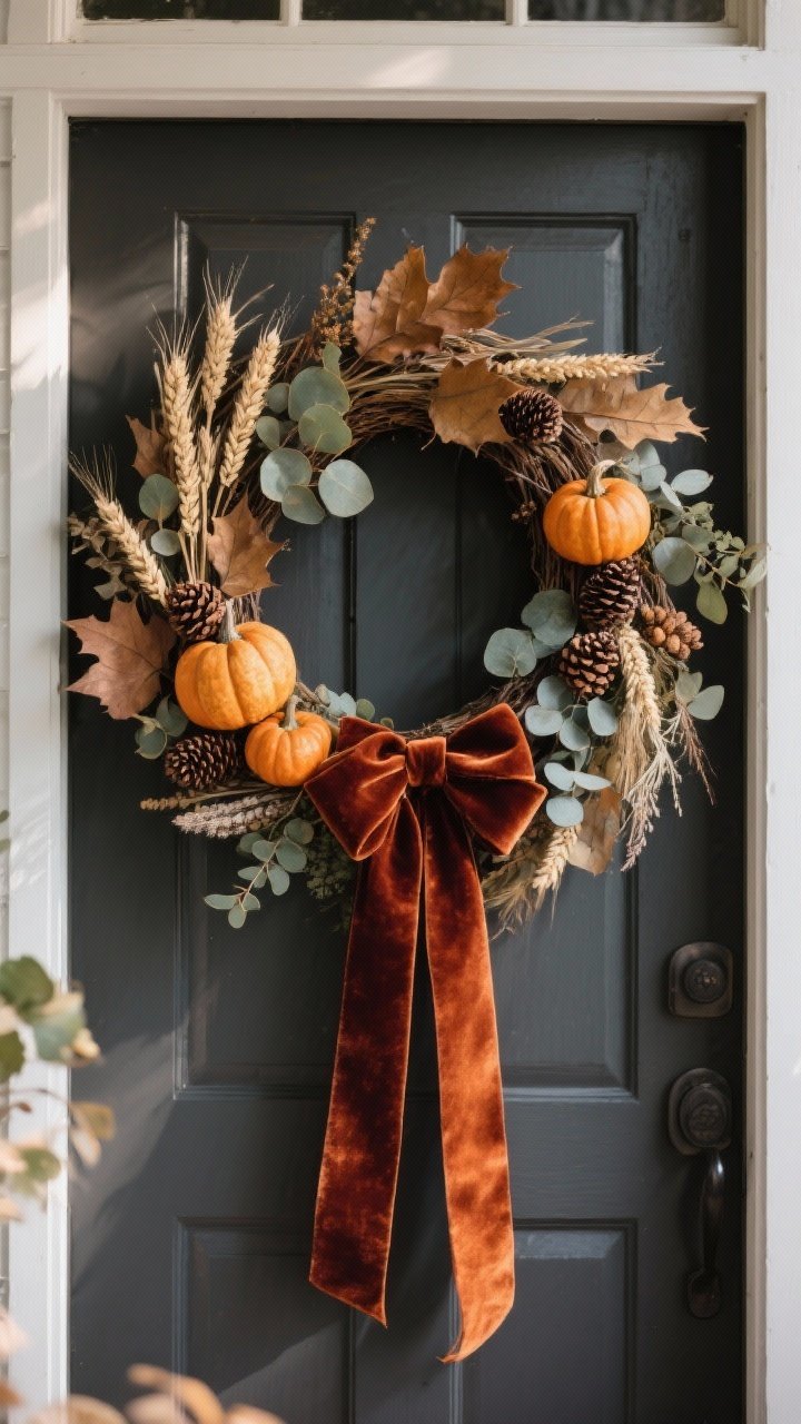 Detail shot, straight-on of a front door featuring an oversized statement wreath: asymmetrical hoop wreath with dried leaves, wheat, eucalyptus, mini pinecones, and a few velvet pumpkins; elegant velvet ribbon in rust tied long; moody, rich jewel-toned color story; shallow depth of field to emphasize materials and textures; soft natural lighting.