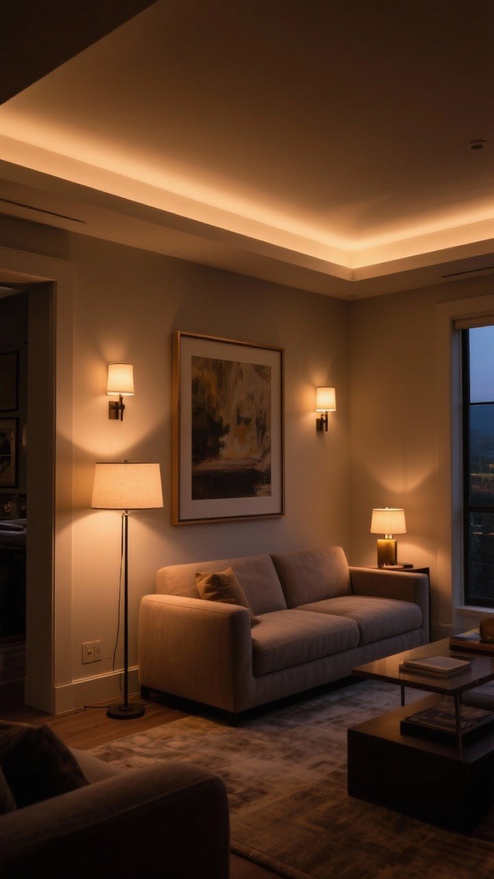 Evening wide shot showing layered lighting: dimmed overhead light, paired wall sconces flanking art, a slim floor lamp tucked behind the sofa, and a small table lamp warming a corner; rich, cozy glow with depth, no harsh glare; photorealistic warm temperature, demonstrating mood control via dimmer.