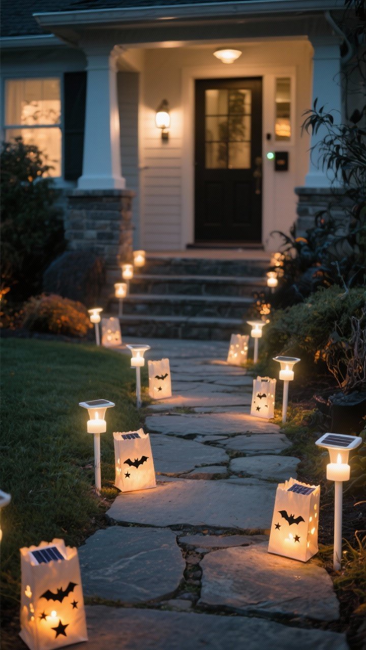Low-angle medium shot of a spooky-lit pathway: warm white solar stake lights lining a stone walkway, interspersed with paper bag luminaries punched with bat and star patterns, each glowing with LED candles; a motion sensor porch light ready to brighten as visitors approach; safe, inviting path to the steps.