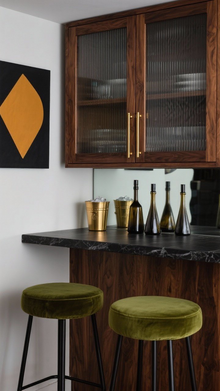 Medium bar vignette, sophisticated and compact: a walnut wall cabinet with ribbed glass doors and slim brass pulls mounted above a floating black stone counter. Two olive green velvet stools with black metal frames. A smoked mirror backsplash reflects a set of angular decanters. Accents include a graphic print in ochre and black and a mini brass ice bucket for sparkle. Moody yet polished, photorealistic.