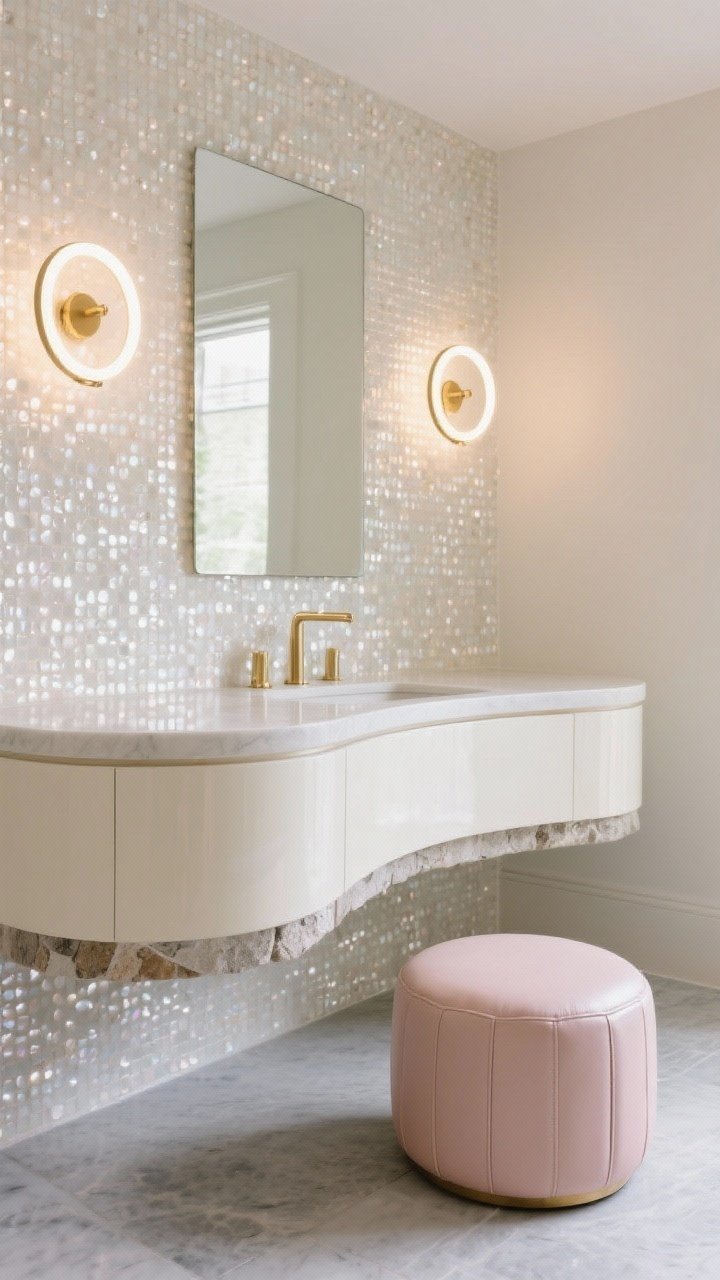 Medium close-up at vanity: A creamy lacquer curved vanity with a stone apron front against a wall of pearlized mosaic tiles that gently shimmer. Halo sconces—round lights with slim brass rings—cast flattering, even light. Soft gray limestone floor below. A round ottoman in pale blush faux leather adds subtle warmth. Gentle, diffused illumination, photorealistic.
