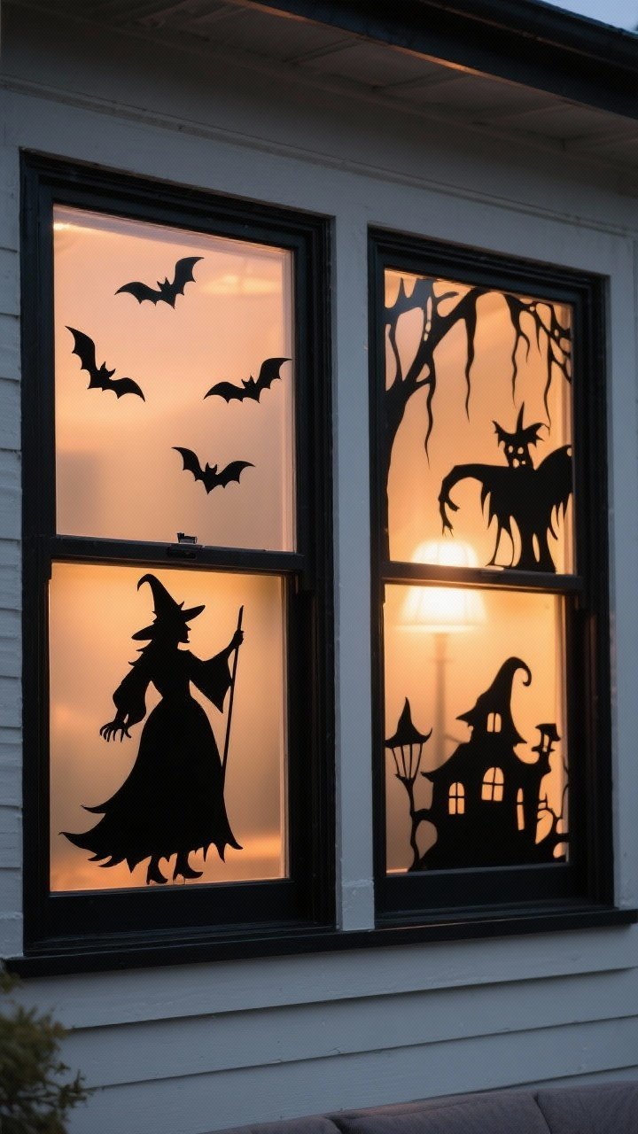 Medium exterior window shot showcasing wicked window magic: backlit silhouettes of a witch in one window and bats in the adjacent pane, cut from black vinyl, with frosted window film diffusing a warm LED lamp behind; crisp, storybook shapes glowing at dusk; simple black trim framing the scene.