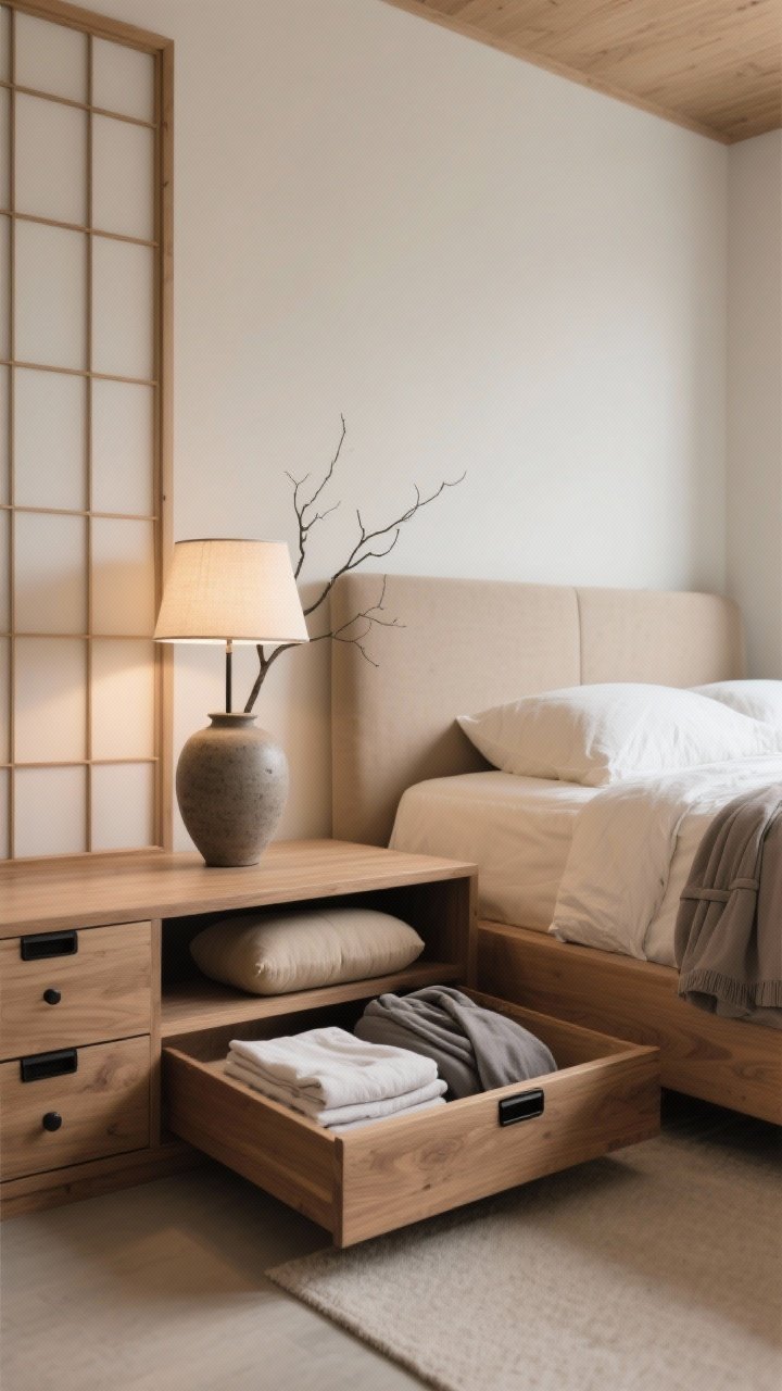 Medium Japandi serenity scene, low angle: low-profile ash captain bed with slim black pulls, palette of mushroom, ecru, and black accents. Shoji-style lamp providing soft ambient light; low bench at the foot; single stoneware vase with a branch on a minimal side surface. Drawers closed except one subtly open showing folded bedding, meditation cushions, and a neatly folded robe. Calm, balanced composition.