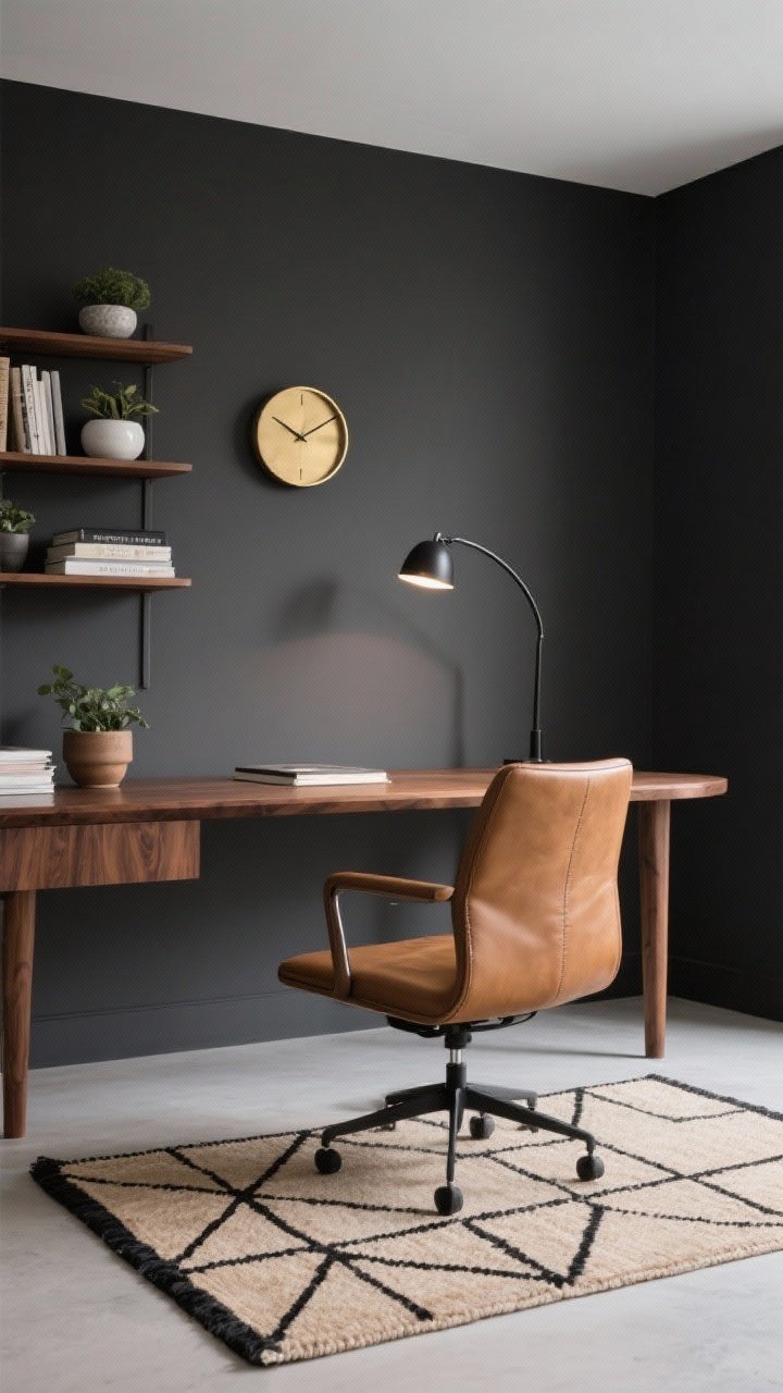 Medium office view, deep graphite walls with a floating walnut desk featuring rounded corners. A camel leather swivel chair faces the desk, lit by a slim arc lamp. Open walnut shelves display porcelain planters and stacked books. On the floor, a geometric flatweave rug in sand and black. A round brass clock on the wall and a matte black task light on the desk. Focused, crisp ambiance, photorealistic.
