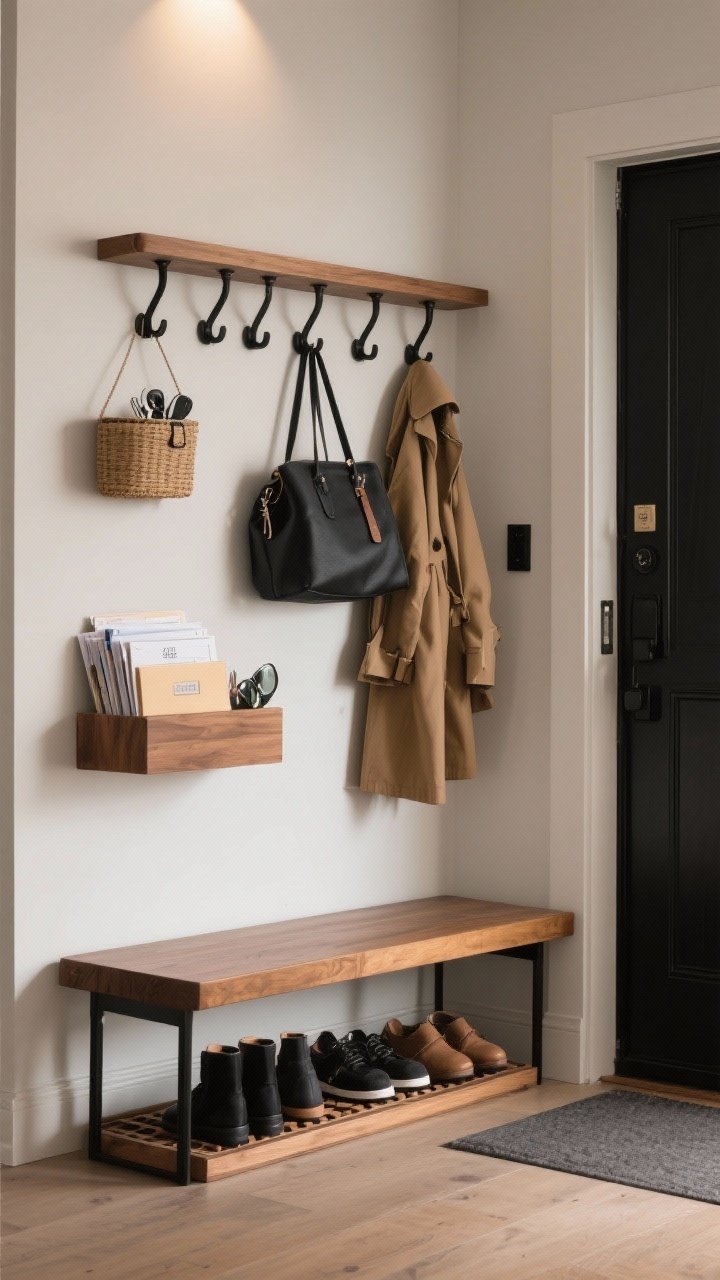 Medium shot: A compact entryway command center with matte black wall hooks at shoulder height holding a couple of bags and a coat, a floating wood shelf with a small lidded basket for keys and sunglasses beside neatly stacked mail, and a low bench with a shoe tray beneath corralling footwear; cohesive black hardware, warm wood tones, soft ambient lighting, organized and welcoming.