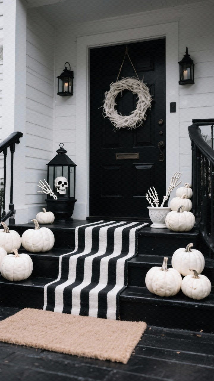 Medium shot focusing on a moody black-and-bone palette: matte black lanterns on black-painted steps, clusters of white and bone-colored pumpkins, a striped black-and-white runner layered under a neutral doormat, and bone details like a skull planter and skeleton hands peeking from a bleached wreath on a black door; overcast lighting for polished, creepy elegance.