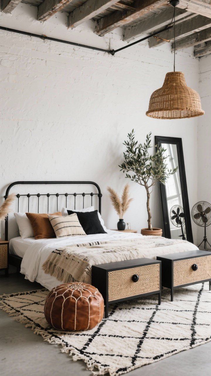 Medium shot from a side angle: Industrial boho loft with exposed beams and white plaster walls, a black iron bed adding structure. Rattan pendant overhead, caramel leather pouf, textured mudcloth pillows in sand, black, tobacco, and ivory. Handwoven Moroccan-style rug with ivory and black diamond pattern under the bed. Woven-front nightstands with matte black knobs, dried pampas and a potted olive tree for sculptural softness. Black-framed floor mirror leaning against the wall and a vintage metal fan. Soft daylight, grounded and airy.