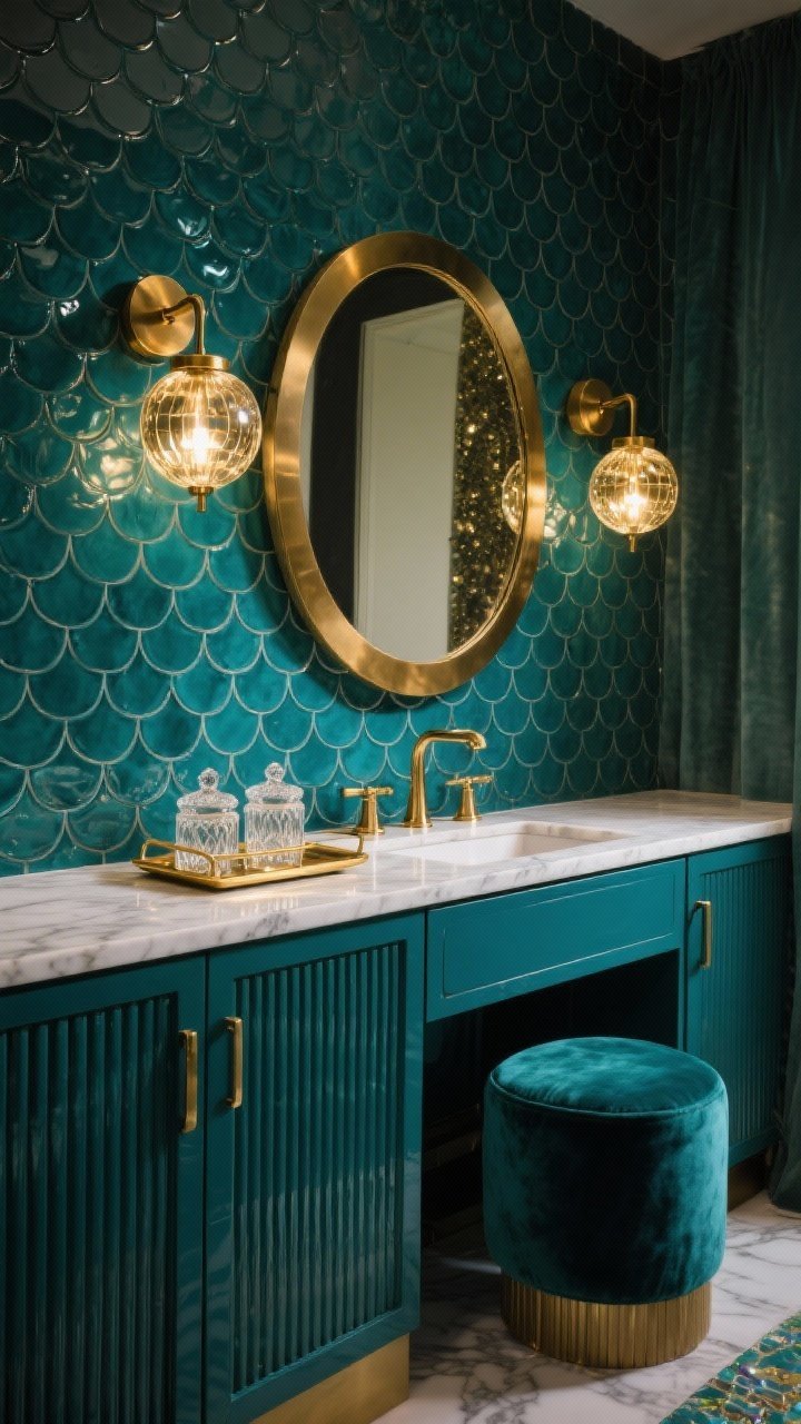 Medium shot from a slight angle: A plush, glamorous vanity scene with champagne brass globe sconces casting a warm glow over a deep teal vanity with ribbed doors and a Calacatta-look quartz countertop. A rounded brass mirror echoes the globe shapes. Background wall in glossy teal fish-scale ceramic tiles, brushed brass faucets, and a jewel-toned velvet stool. A brass tray holds crystal canisters, rich teal and brass palette, photorealistic, moody warm lighting.