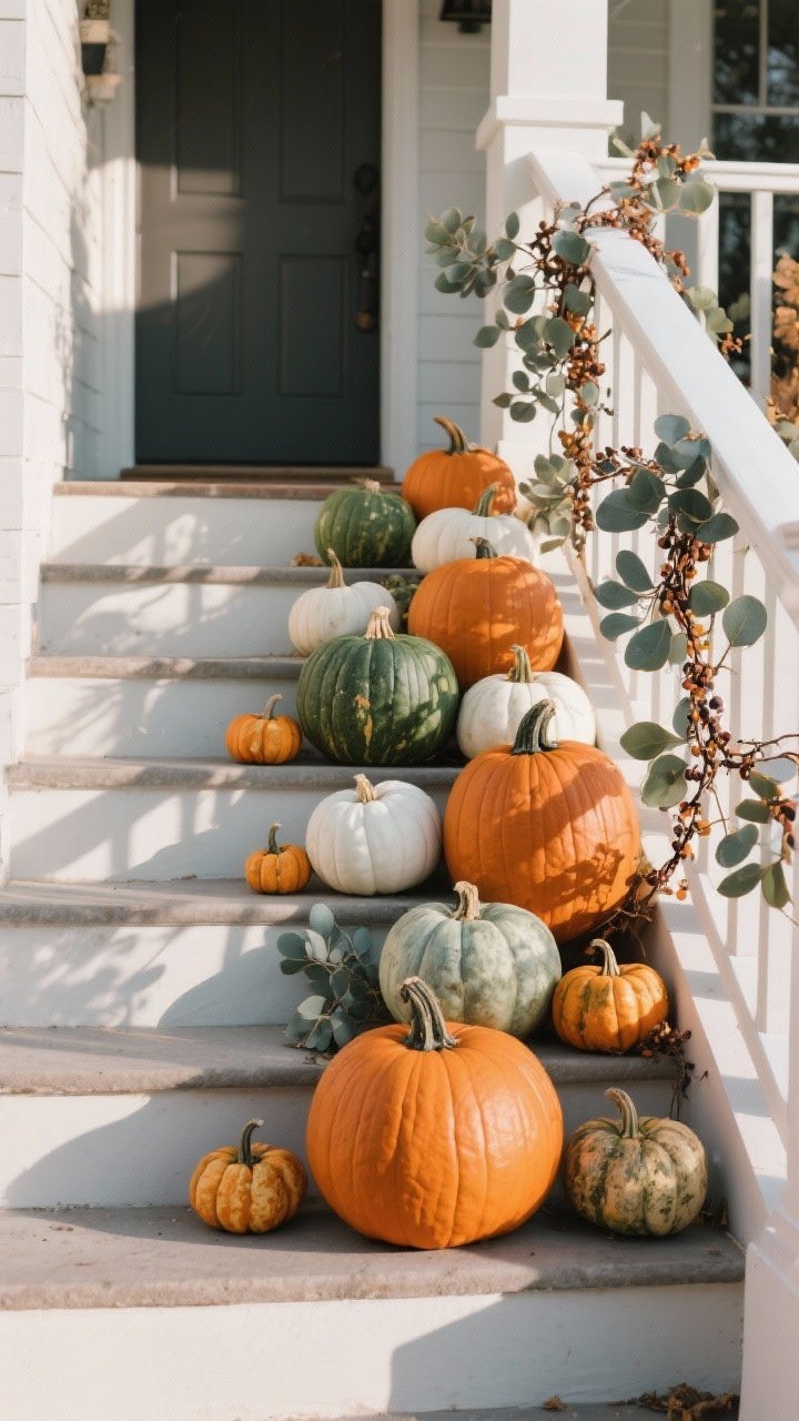 Medium shot from a slight side angle of front steps styled as a pumpkin staircase: large classic orange pumpkins at the lowest step, medium heirloom green and ghost white pumpkins in the middle, and mini pumpkins tucked near the rail; some pumpkins angled for movement; eucalyptus sprigs and faux bittersweet vines woven among them; natural afternoon light, photorealistic textures of pumpkin skins and vines.