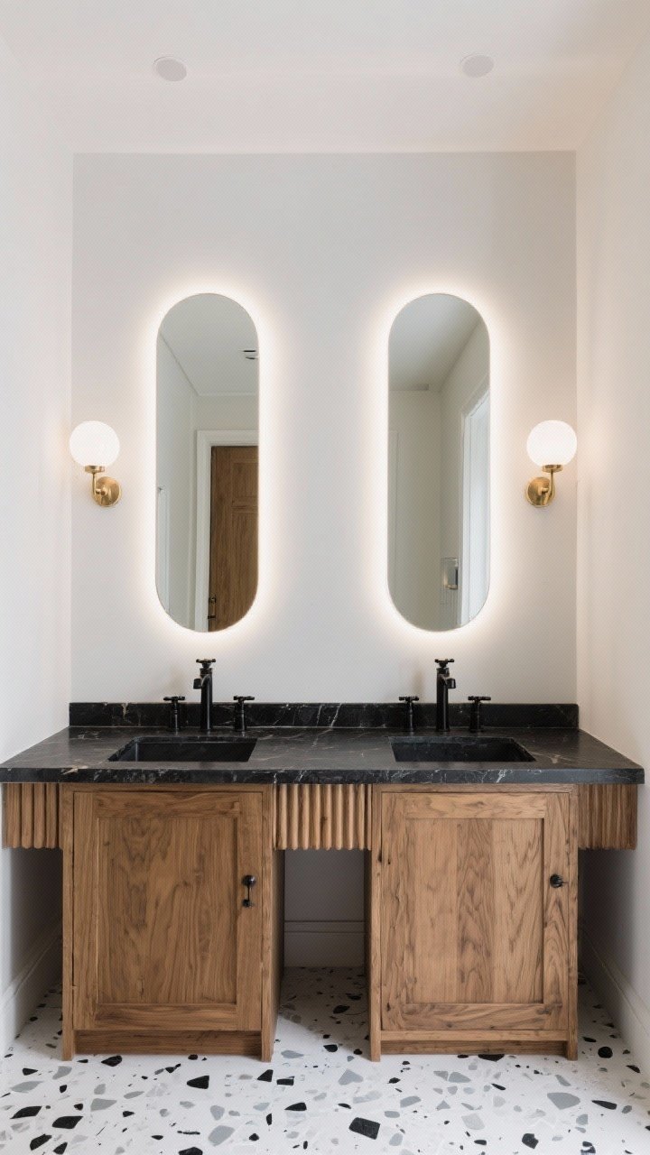 Medium shot, head-on: Twin backlit arch mirrors with soft halo illumination above a vanity with a black stone top, fluted oak doors, and matte black faucets. White terrazzo floors dotted in black and gray. Milk-glass globe sconces mounted high at each mirror’s arch for layered light that feels like a glamorous 1930s portal. Clean, subtle glow, photorealistic.