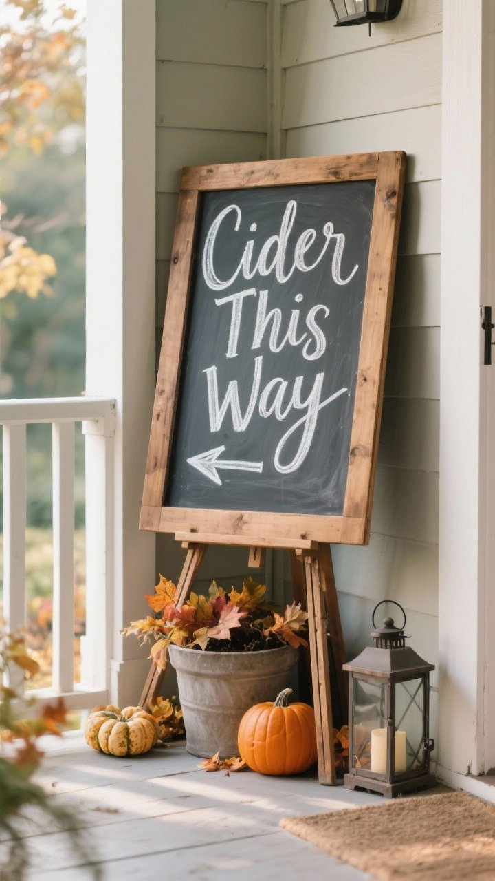 Medium shot of a chalkboard sign vignette in an awkward porch corner: a wood-framed easel sign with crisp white chalk-marker lettering reading “Cider This Way” and a small arrow; sign leaning against a planter, subtly anchored; surrounding fall accents like a small pumpkin and a lantern; balanced composition, soft afternoon light.