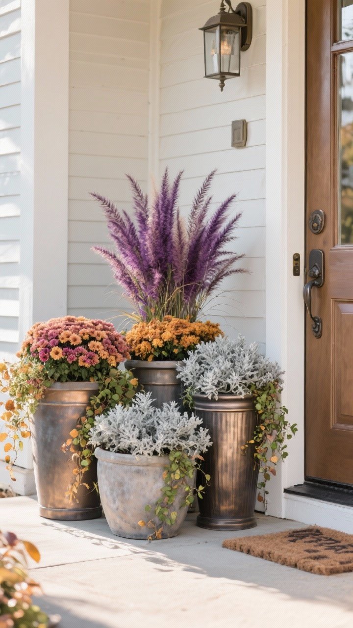 Medium shot of a harvest-inspired planter trio beside a front door: three planters in varying heights and finishes that match the door hardware; thriller-filler-spiller combination—purple fountain grass for height, mums and dusty miller for body, creeping jenny spilling over edges; autumn tones with silvery foliage; morning light highlighting plumes and leaves, clean porch background.