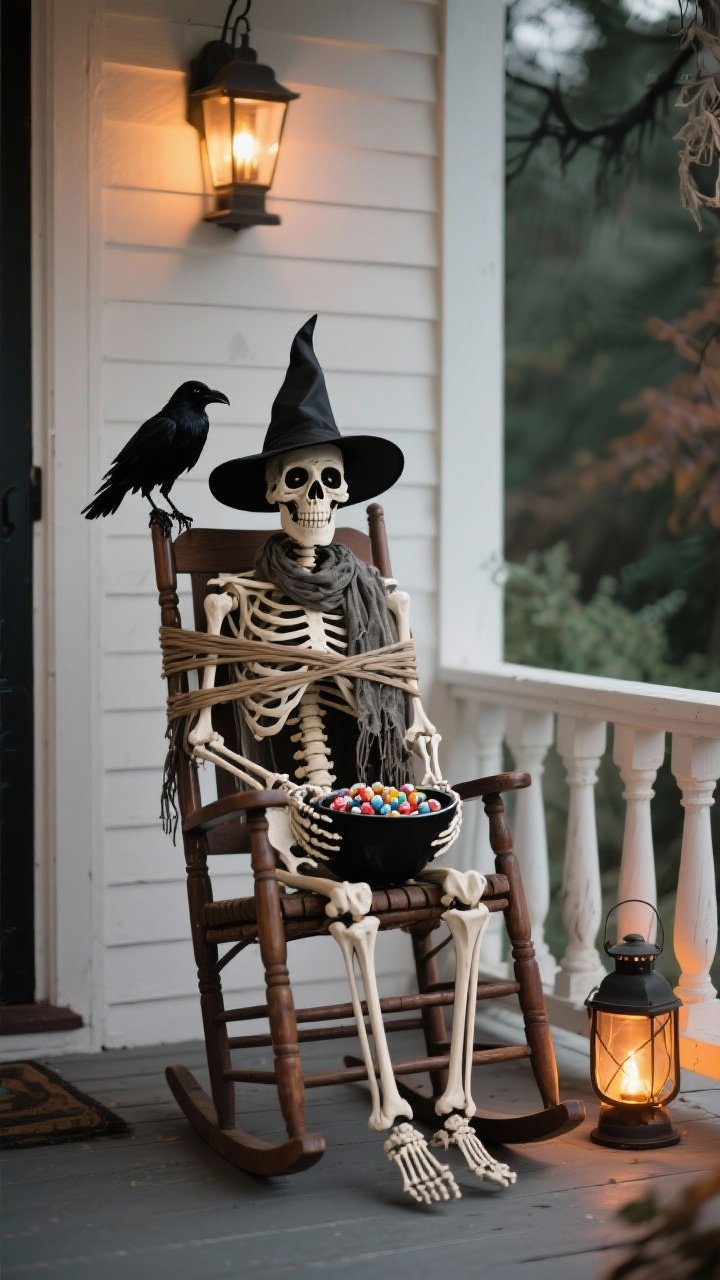 Medium shot of a skeleton with personality on a porch: a life-size skeleton zip-tied to a vintage rocking chair, posed upright holding a black candy bowl; accessorized with a floppy witch hat and a tattered scarf; a skeleton raven perched on its shoulder; warm lantern glow nearby for friendly, spooky charm; no people present.