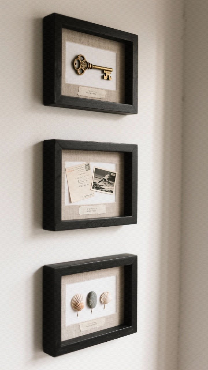 Medium shot of elevated shadow box memories: three shadow boxes arranged vertically on a narrow wall, each with a single-theme curation—vintage brass keys in one, black-and-white postcards in another, and small beach finds (shells and smooth stones) in the third; items mounted with museum putty and fine pins, spaced consistently with lots of breathing room; tiny captions on translucent vellum beneath each item; matte black frames with linen backers; soft directional light for gentle depth without glare.