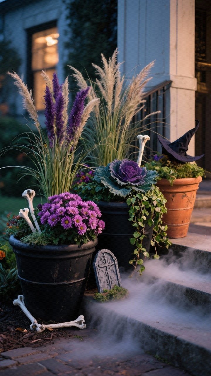 Medium shot of witchy planters: grouped seasonal containers featuring thriller-filler-spiller planting—tall ornamental grasses (thriller), rich purple mums and ornamental kale (filler), and trailing ivy/creeping jenny (spiller); black pots and aged terracotta for moody texture; subtle faux bone picks and a mini tombstone tucked in; a small ground fogger creating mist rolling over the steps at twilight.