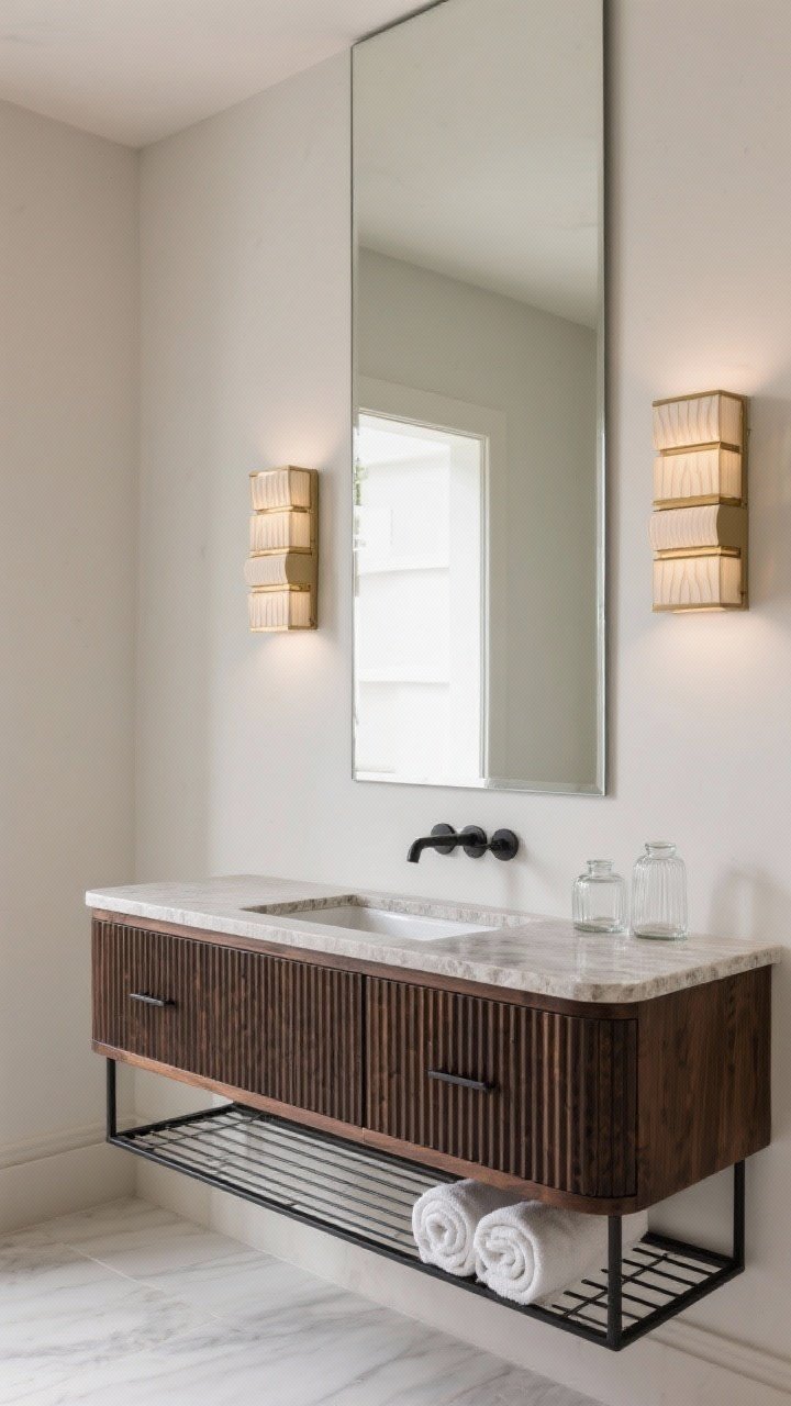 Medium straight-on: A full-height mirrored wall behind a vanity, reflecting depth. Mounted in pairs, stepped-backplate sconces with a quintessential Art Deco stepped motif flank the vanity. A dark walnut floating vanity with ribbed drawer fronts and an integrated stone sink. A thin black metal shelf under the mirror holds rolled towels and glass apothecary jars. Clean reflections, cool neutral lighting, photorealistic.