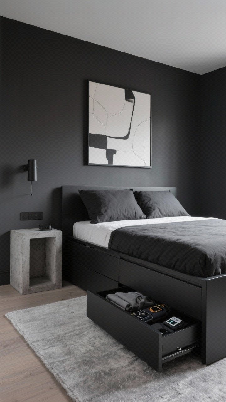 Medium, straight-on modern minimalist scene: a matte black twin captain bed with flush, handleless drawers against charcoal walls, pale gray rug for contrast. Sparse decor: one large abstract print, a concrete bedside table, and a slim black wall sconce. Clean surfaces; hint of organized storage with a slightly open drawer revealing folded capsule wardrobe and a tech gear compartment. Moody, controlled lighting.