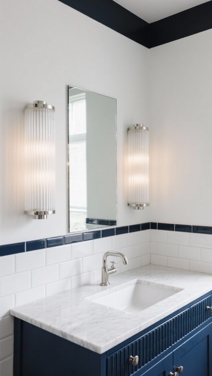 Medium straight-on over vanity: Polished nickel picture lights mounted above vertical ribbed mirrors that softly blur reflections, casting a gallery-like glow. Navy fluted vanity with a white quartz top and a nickel bridge faucet. Walls clad in glossy white subway tiles to three-quarters height, capped with a crisp black paint band. Clean, bright lighting, photorealistic.