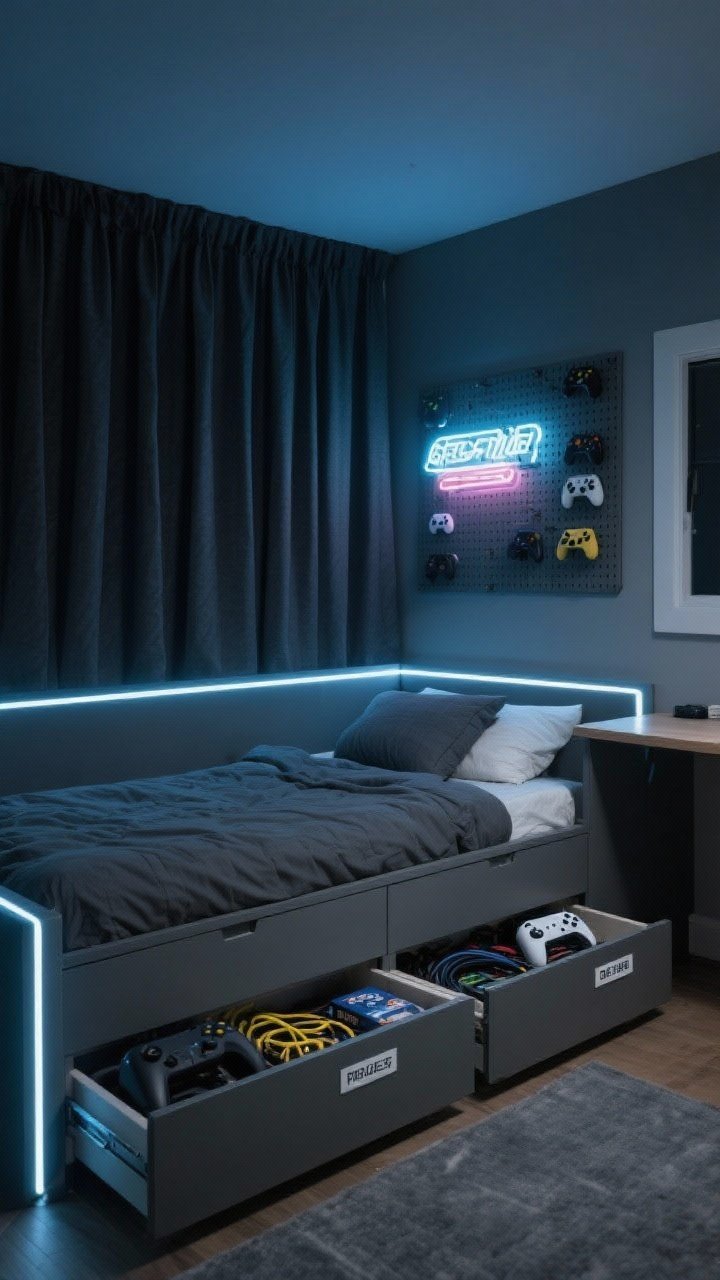 Medium teen gamer setup: graphite captain bed with wide drawers and subtle LED strip lighting under the rail casting a cool glow. Charcoal blackout curtain, neon sign on wall, and a wall-mounted pegboard organizing controllers. A floating desk visible opposite in perspective to balance layout. Drawers open with consoles, cables, and game cases in labeled trays. Nighttime scene with LED accents.
