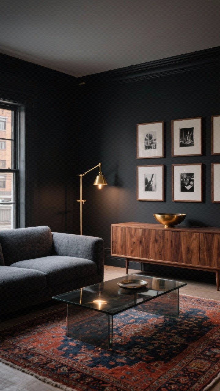 Medium-wide conversation den with charcoal-painted walls and a deep slate-textured sectional. Warm brass swing-arm sconces cast a moody glow. A smoked glass coffee table rests on a low-pile Persian rug in rust and navy tones. A teak credenza lines one wall, topped with a sculptural brass bowl. Black-and-white photographs in thin walnut frames arranged in a tidy grid. Evening lighting, rich and timeless, photorealistic.