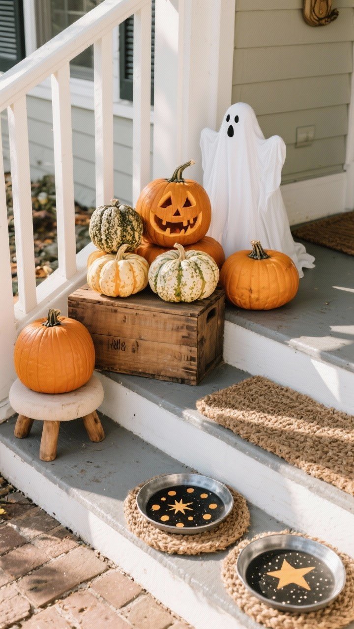 Overhead detail shot of a curated pumpkin vignette: an arrangement on porch steps with heirloom, Cinderella, white ghost, and warty pumpkins clustered in odd numbers; some elevated on a wooden crate and a small footstool, one carved jack-o’-lantern and two painted patterns (polka dots and celestial stars) on metal trays and coir mats to keep them dry; natural afternoon light.