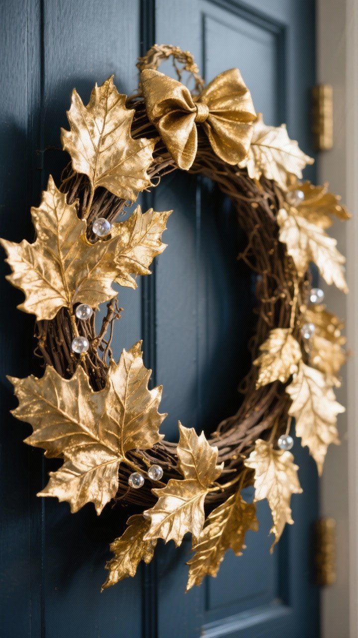 Photorealistic closeup detail of a gilded leaf grapevine wreath: layered faux maple and oak leaves sprayed in antique gold and champagne tones, all arranged in one direction for a wind-swept feel; a few delicate glass bead picks add subtle sparkle that catches late-afternoon sun; no bow, metallics are the star; shot on a navy door to emphasize warm golds