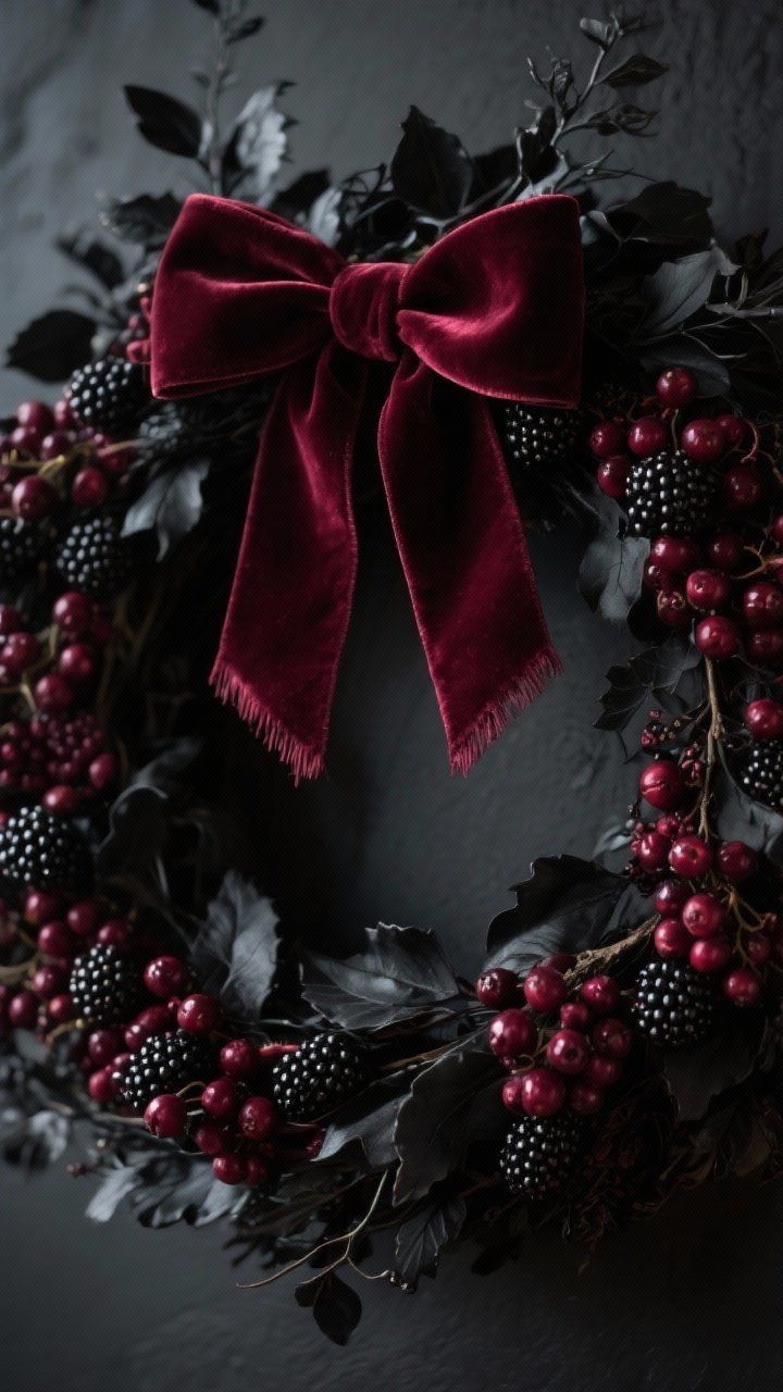 Photorealistic closeup detail of a moody berry wreath: dense clusters of deep wine-colored faux berries, faux blackberries, and dark foliage with matte black leaves peeking through; a large velvet bow in burgundy with long, slightly frayed tails; dramatic, low-key lighting to emphasize rich tones and velvet texture; shot straight-on with crisp focus on the velvet and berry sheen