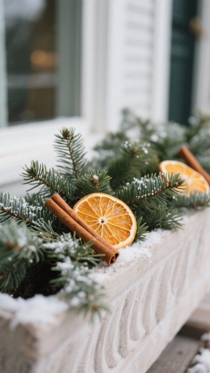 Photorealistic closeup detail of subtle winter scents: dried orange slices and cinnamon sticks tucked among evergreen sprigs in a porch planter, with a light spritz sheen suggesting fir needle essential oil on nearby outdoor fabric; shallow depth of field with bokeh of greenery; natural cool winter daylight emphasizing citrus color and wood spice texture.