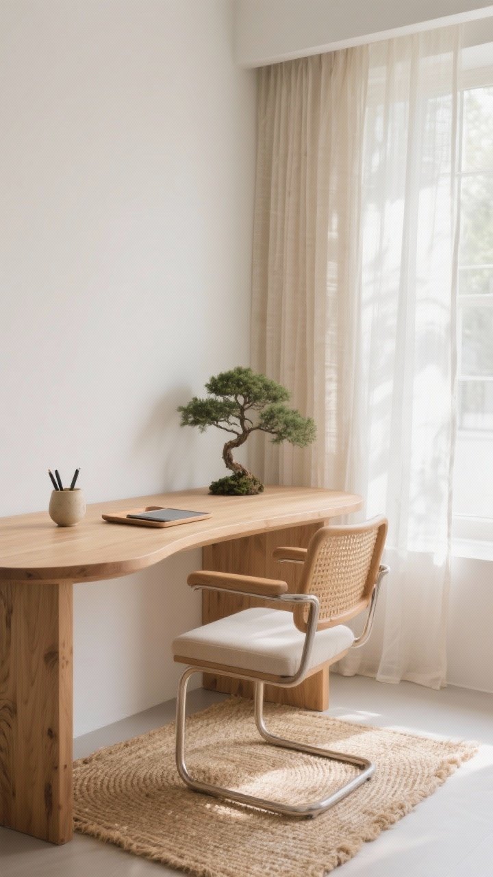Photorealistic corner medium shot in bright natural light: a curved-edge beech desk paired with a cane-back chair with a cushy seat atop a flatwoven jute rug; desktop kept clean with a ceramic pen cup, a slim tray for tech, and a tiny bonsai as living sculpture; sheer flax curtains filtering sunlight like a soft lens; pale beech, straw, and cloud white tones; rounded corners and airy textures emphasized.