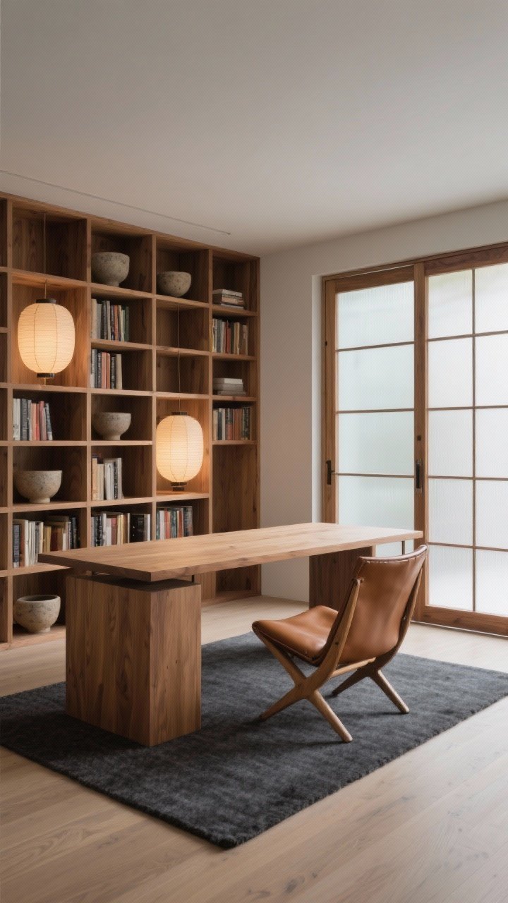 Photorealistic medium shot of a calm library office: low, wide oak bookcases lining one wall, topped with glowing paper lanterns and a few rough ceramic bowls for texture; a rectangular maple desk centered in the room with a tan leather sling chair; sliding wood-and-glass doors closed to create quiet while still passing light; a soft charcoal rug absorbing sound; materials of solid wood, leather, wool, rice paper; cozy, hushed mood.