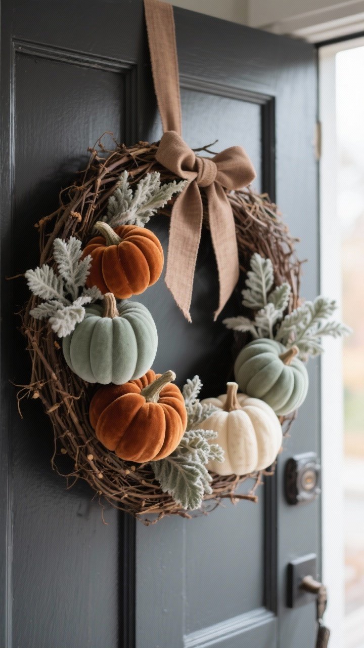 Photorealistic medium shot of a chic pumpkin wreath on a grapevine base: clusters of mini velvet pumpkins and matte faux pumpkins in dusty sage, rust, and cream arranged in groups of three; soft lamb’s ear leaves tucked between for a fuzzy texture; finished with a linen ribbon in warm taupe; mounted on a charcoal door with natural daylight for a curated, modern fall vibe