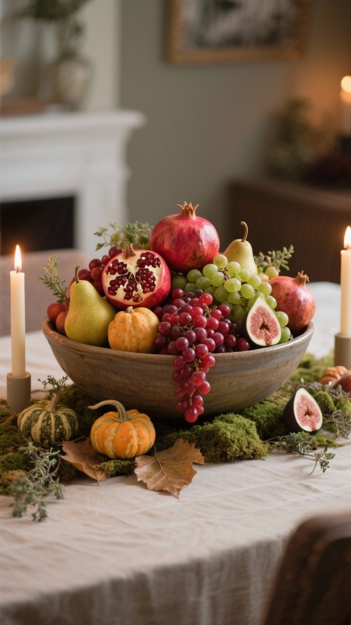 Photorealistic medium shot of a Harvest Bowl Abundance centerpiece: a low, wide ceramic bowl overflowing with pomegranates, pears, figs, and cascading red and green grapes; a base layer of leaves and soft green moss peeking out; a few mini gourds and sprigs of thyme tucked in; flanked by two tapered candles in simple holders to frame the bowl; rich jewel tones and glossy fruit surfaces under warm candlelight, straight-on perspective across the table.