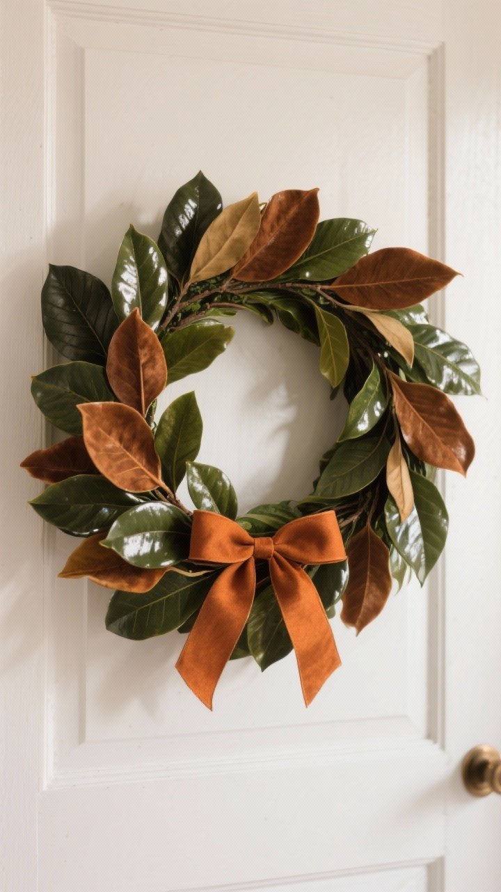 Photorealistic medium shot of a magnolia leaf wreath: glossy, structured magnolia leaves with a few flipped to show velvety brown undersides; a burnt orange/rust ribbon threaded through leaves and tied in a relaxed, slightly off-center bow at the bottom; mix of fresh and faux for fullness; warm, soft lighting to enhance leaf sheen; mounted on a white door for contrast