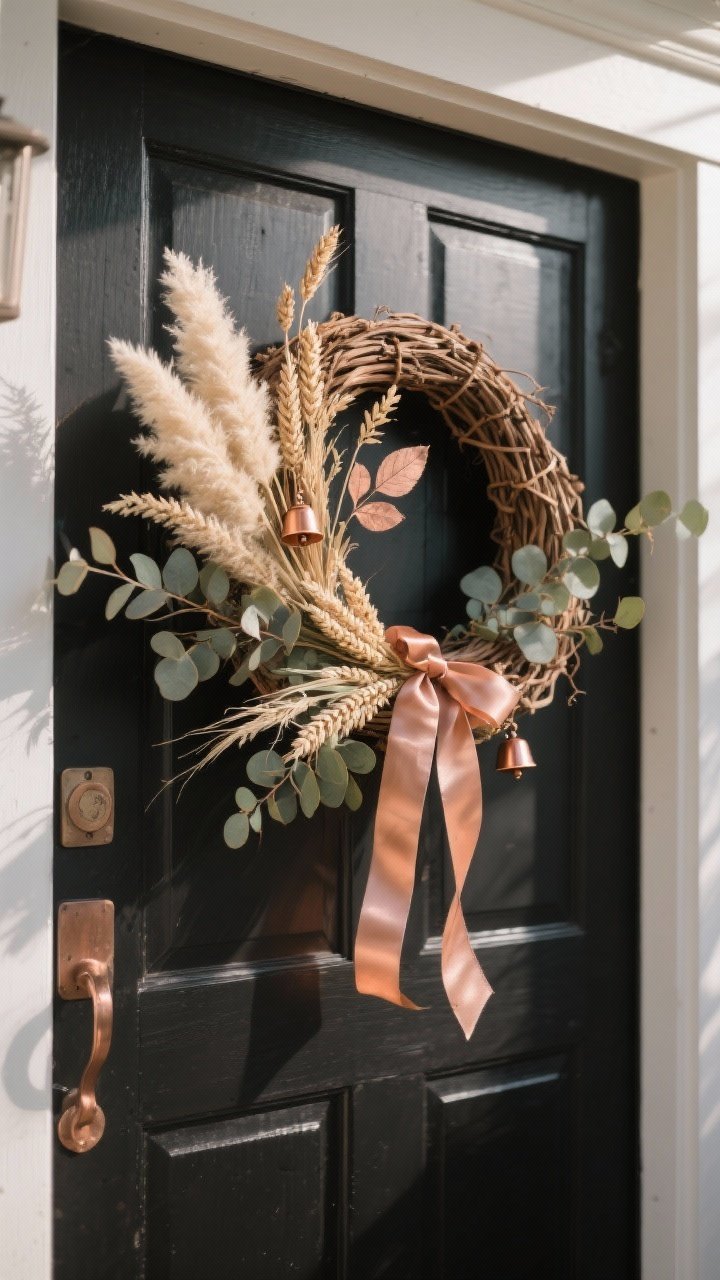 fall front door wreath idea - neutral harvest wreath on a black front door: creamy pampas grass, wheat, and beige eucalyptus arranged on a grapevine base with the natural wood peeking through; subtle copper accents including a thin matte copper-sprayed leaf stem, tiny copper bells, and a skinny silk ribbon in soft copper draping down the door; soft late-afternoon natural light adding a warm glow; calm, elevated, cozy vibe with shallow depth of field focusing on textures