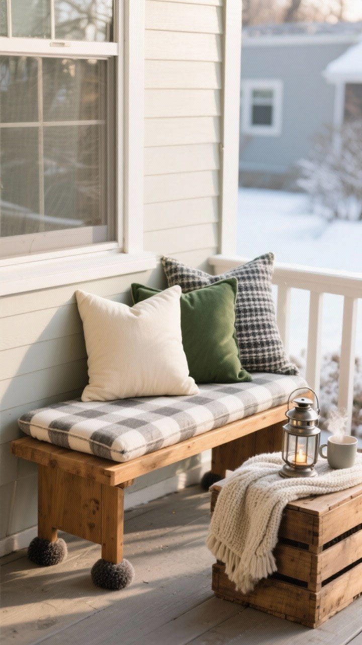 Photorealistic medium shot of a porch bench vignette: small wood bench with felt/rubber feet, an outdoor-safe seat cushion in a muted winter plaid, two square pillows (one solid cream, one subtle charcoal pattern) plus a forest-green lumbar pillow, a casually draped washable knit throw, and a wood crate used as a side table holding a metal lantern and a steaming mug prop; soft late-afternoon winter light, straight-on framing.