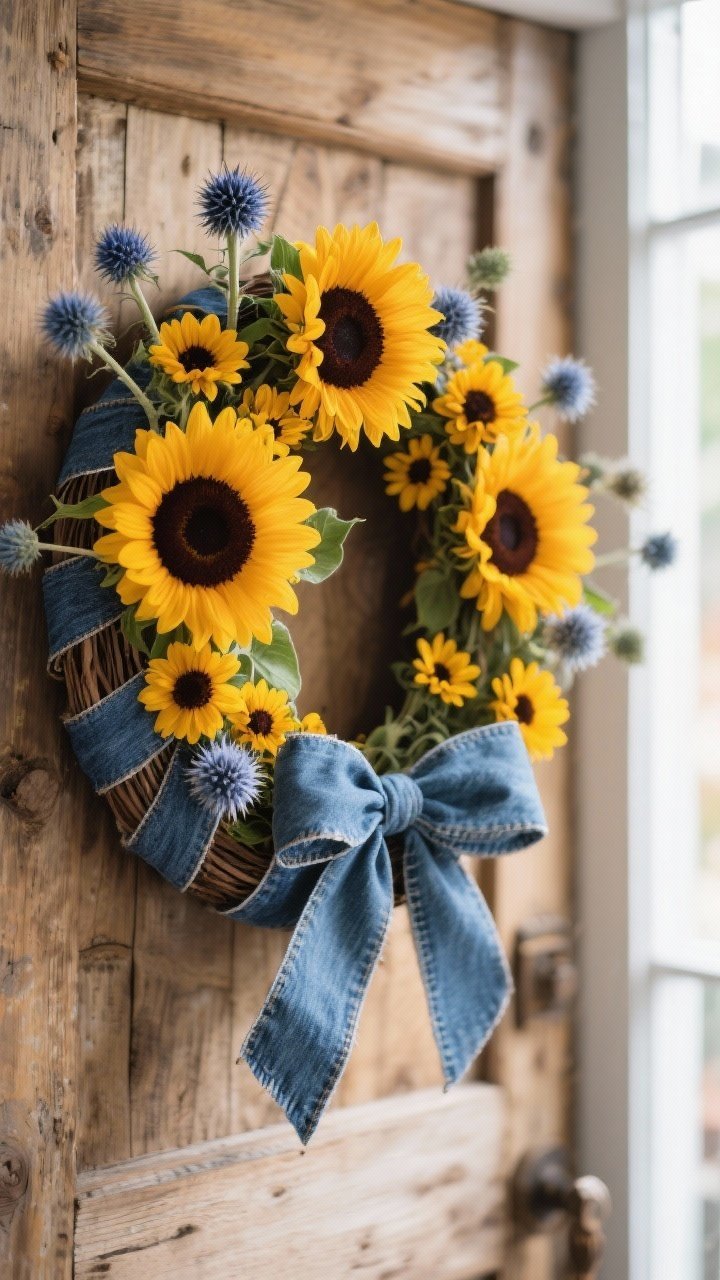 Photorealistic medium shot of a sunflower-forward wreath: large sunflowers with dark centers as anchors, mini sunflowers filling gaps; denim ribbon woven through the base in strips rather than a bow; a few thistle stems adding blue-grey texture; vibrant but fall-balanced color palette; shot on a rustic wood door with bright, natural daylight for a cheerful, casual vibe
