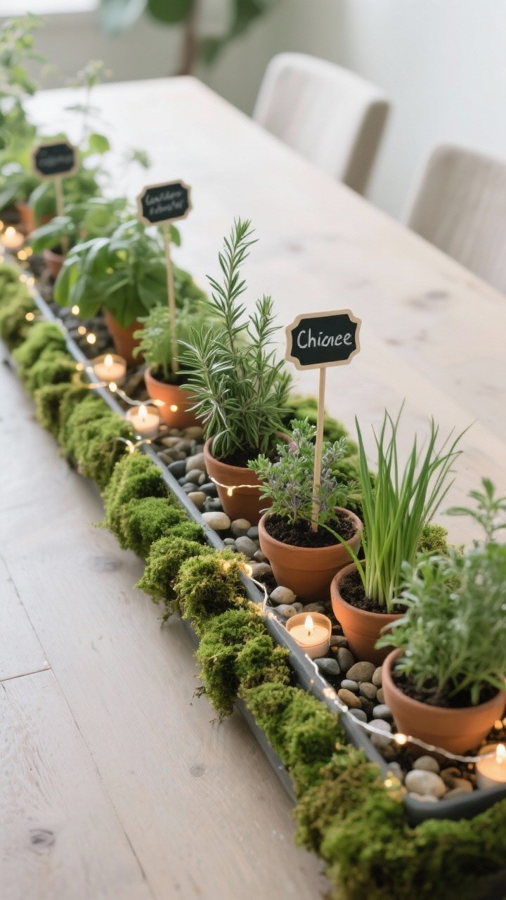 Photorealistic medium shot of an Herb Garden Centerpiece: a long trough filled with potted herbs—rosemary, thyme, sage, and chives—tops dressed with moss and small pebbles to hide soil; tiny tea lights and a subtle strand of fairy lights woven between pots; mini chalkboard stakes labeling each herb; fresh green palette with natural textures, straight-on perspective for a practical-meets-pretty feel.