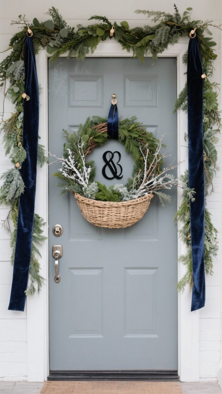Photorealistic medium shot of door decor beyond a wreath: a front door framed by mixed greenery garland attached with hidden hooks, long velvet ribbons in navy trailing down both sides; a flat woven hanging basket centered on the door filled with greens and winter stems, and a black metal monogram initial layered over the foliage; polished hardware gleaming; overcast daylight, straight-on view.