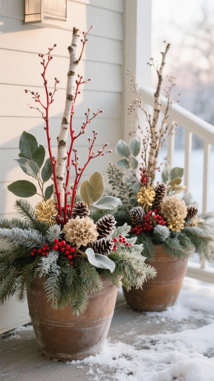 Photorealistic medium shot of evergreen winter planters: close view of two large pots featuring a base of spruce and cedar boughs, vertical red twig dogwood and birch branches for height, magnolia leaves and seeded eucalyptus for texture, accents of pinecones, red faux berries, dried hydrangeas, and a few subtle gold picks for sparkle; faint frost on leaves; soft morning winter light; angled porch corner perspective showing both planters and railing.
