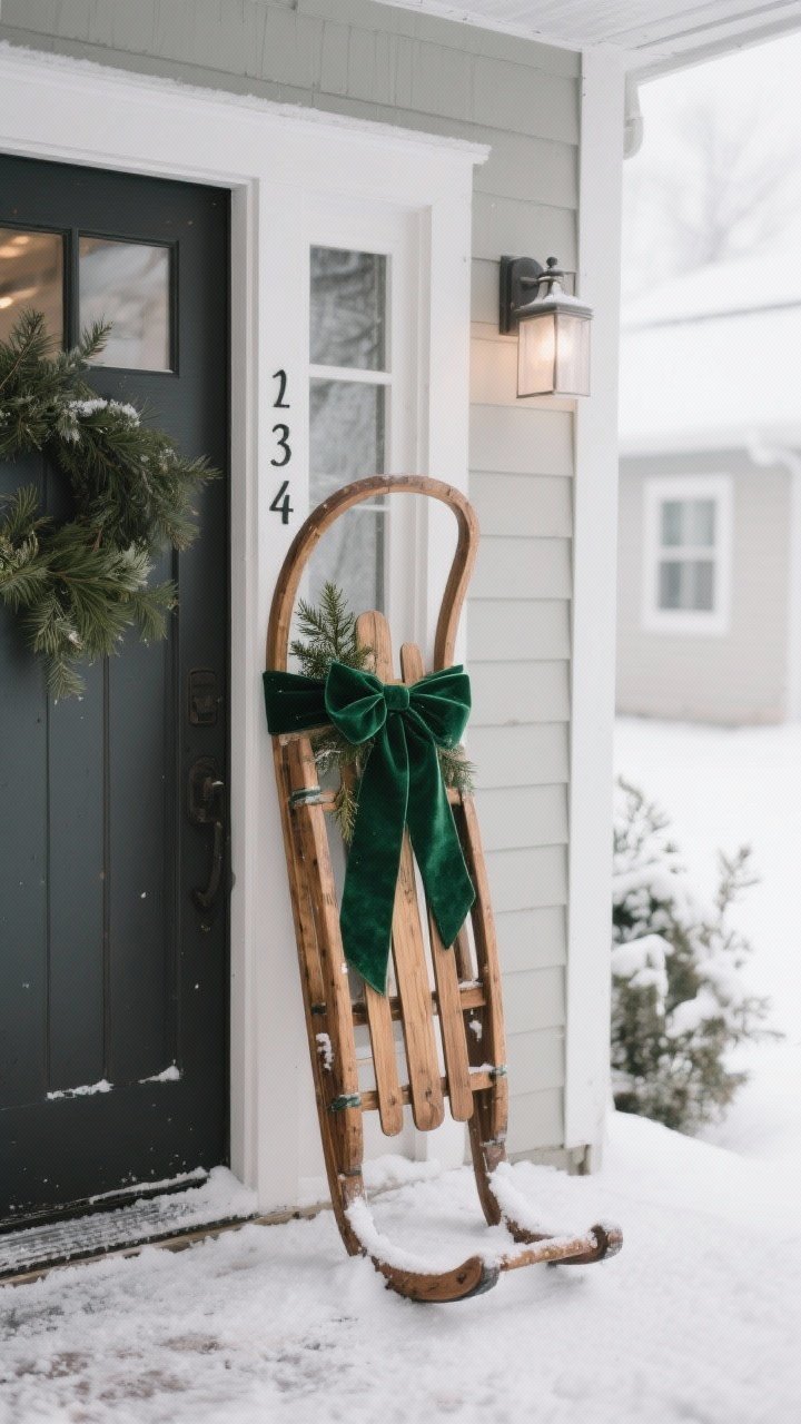 Photorealistic medium shot of one unexpected moment: a vintage wooden sled leaned by the front door, tied with a forest-green velvet ribbon and a small cluster of evergreen sprigs; minimal additional decor to let it shine, house numbers visible but not backlit to keep focus on the sled; faint snow dusting; angled perspective from the corner to add depth; soft overcast daylight.