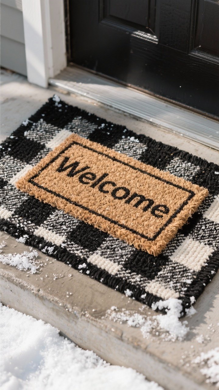 Photorealistic overhead detail shot of a doormat stack: a 3x5 outdoor base rug in bold black-and-cream buffalo check with a natural coir “Welcome” mat centered on top, leaving a crisp border; faint snow crystals at the mat’s edge, wet concrete visible around; neutral winter daylight highlighting the textures of coir and woven fibers.