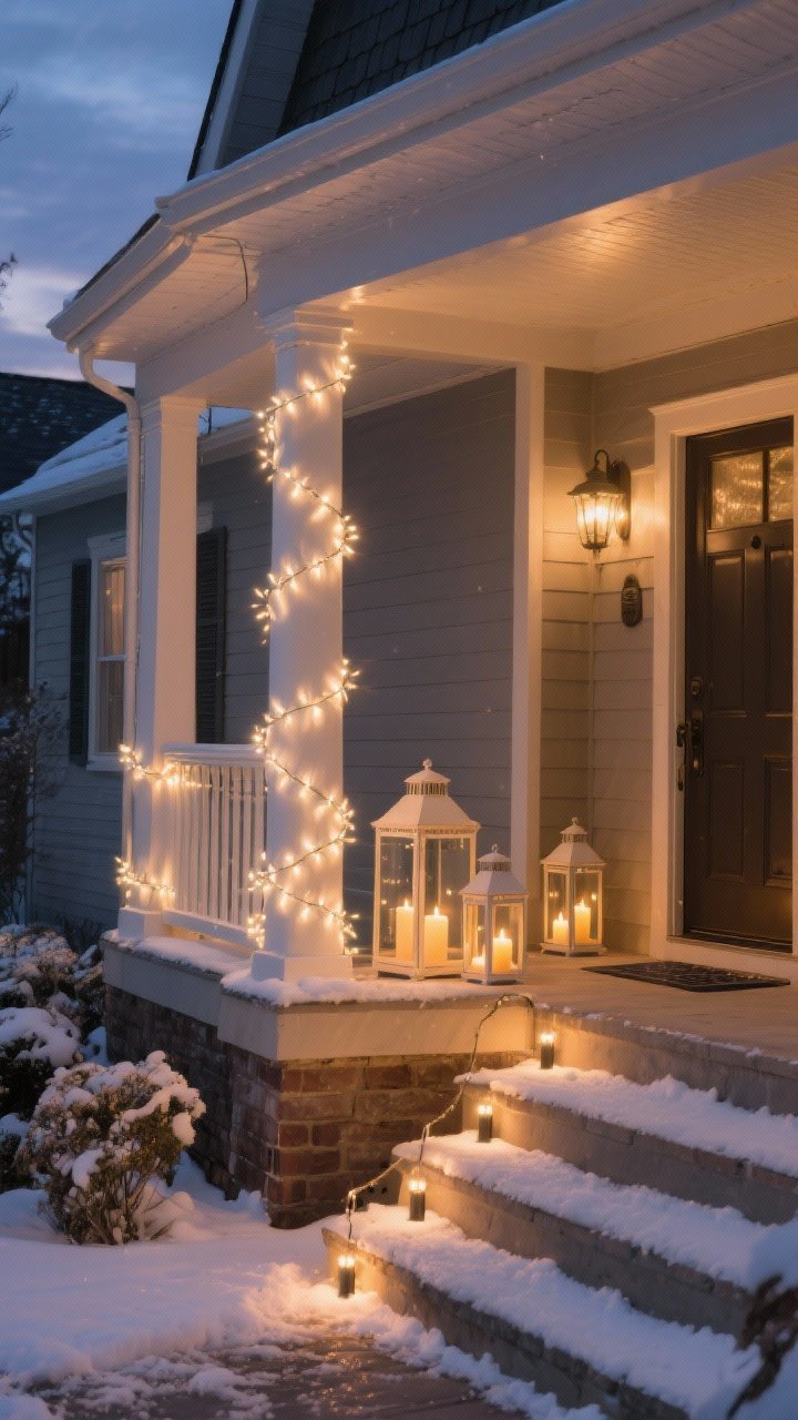 Photorealistic wide dusk shot of layered porch lighting: warm-white string lights loosely wrapped around a porch column and railing, a cluster of three lanterns with LED candles at varying heights by the door forming a cozy focal point, and soft solar path lights guiding along the walkway; overall warm, movie-like glow without glare; snow-dusted steps; slightly elevated corner angle capturing depth.