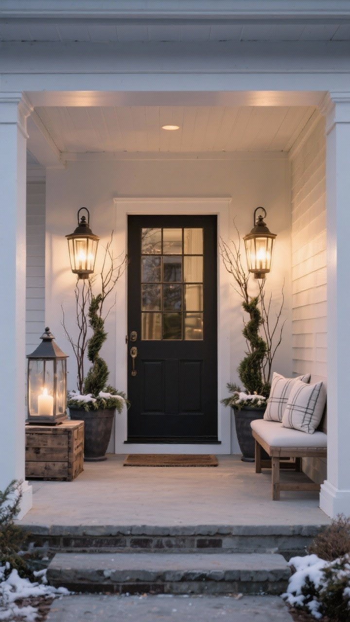 Photorealistic wide shot of a symmetrical front entry: two tall matching planters flanking the door, filled with winter greens and upright branches for height, paired lanterns on each side set at staggered heights (large on the porch, medium atop a rustic crate), and two matching throw pillows on a bench to the right for mirrored accents; strong sense of scale with slightly oversized elements; warm-white lantern glow at dusk; centered, straight-on composition emphasizing symmetry.