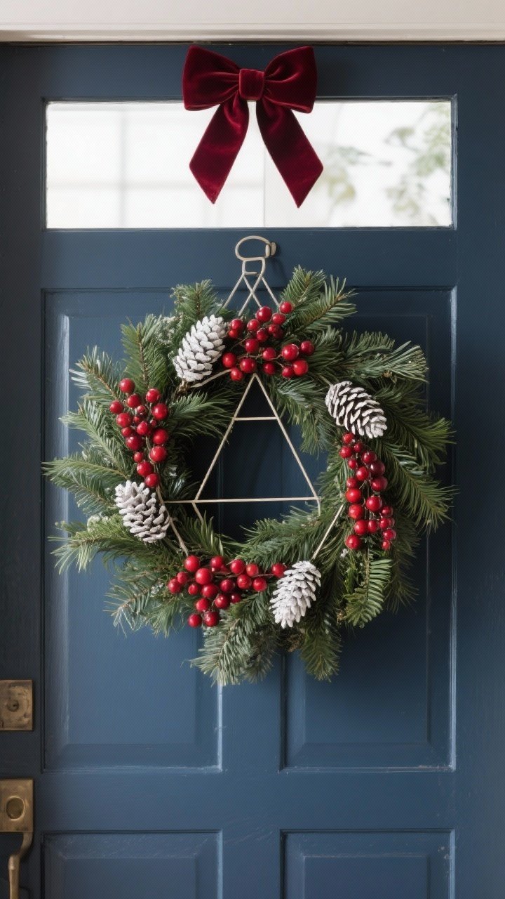 Photorealistic wide shot of a transitional cranberry and cedar wreath: lush cedar branches on a sturdy wire frame, clusters of ilex berries/faux cranberries arranged in balanced triangles, and white pine cones for winter hint; muted red and deep green palette, festive but not overtly holiday; mounted on a navy door with cool, crisp morning light; space reserved at top for an optional future velvet bow swap-in
