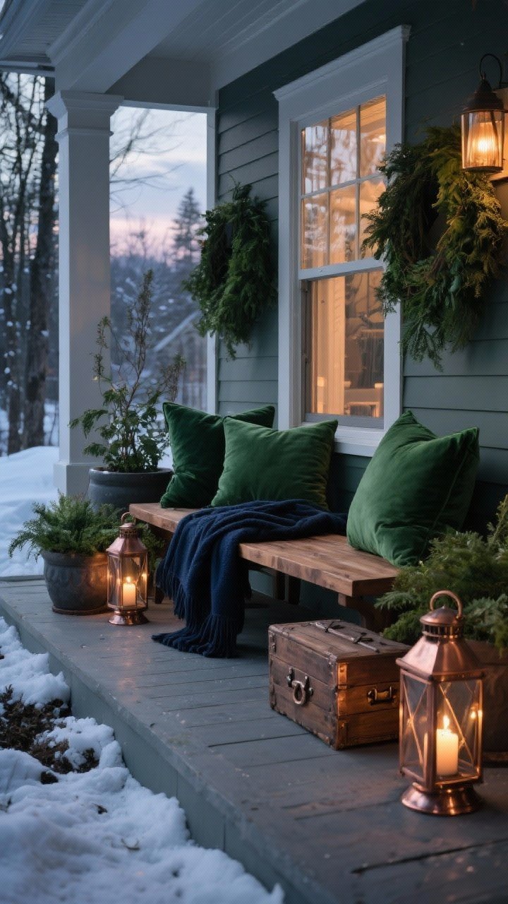 Photorealistic wide shot showcasing a moody winter palette: porch styled in the “Woodland Luxe” scheme—forest green accents on pillows and planters, deep navy throw, walnut wood bench and crate, copper metal lanterns and hardware for a cohesive single metal finish; greenery ties it together; soft twilight with warm lantern glow contrasting with cool ambient winter light; centered composition.