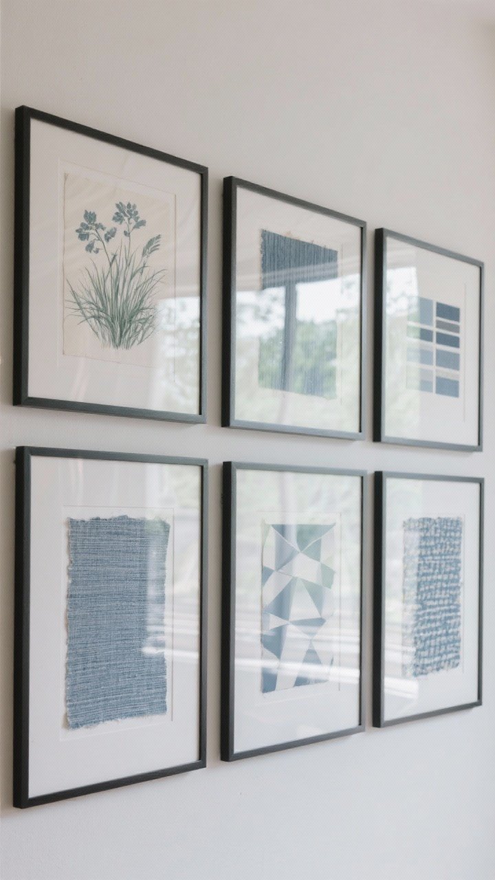 Straight-on medium shot of a tidy grid of framed wallpaper scraps: six frames with deep white mats, 2-inch spacing between each; large-scale botanical print, a soft grasscloth texture, and abstract geometric swatches all in the same blue-gray color family; thin black metal frames on a light neutral wall; crisp, gallery-like composition; even, diffused lighting with soft reflections in the glass; rental-friendly vibe with no paint elsewhere, photorealistic detail of paper fibers in the mats and grasscloth texture.