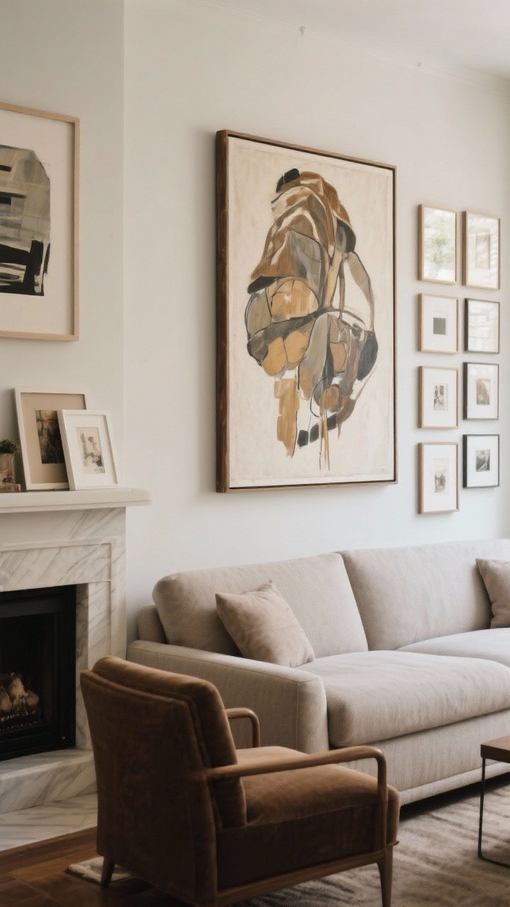 Straight-on medium shot of curated art: one large statement piece above the sofa hung slightly lower than expected to connect with seating; alternative left side shows a tight gallery wall with consistent frames and simple color scheme; a few pieces leaning casually on a mantle shelf; intimate, intentional mood with diffused daylight.