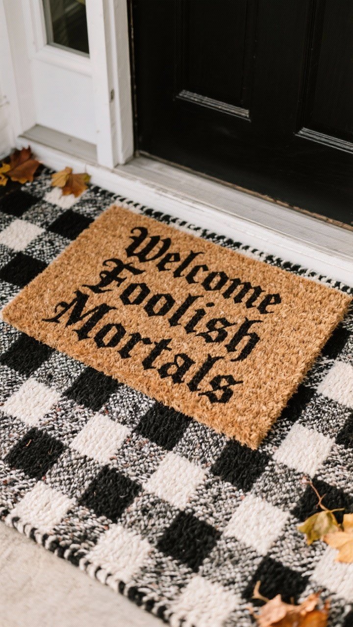 Straight-on medium shot of layered rugs and doormat at the entry: a bold black-and-white buffalo check outdoor rug as the base, topped with a coir doormat reading “Welcome Foolish Mortals” in Gothic script; edges crisp and clean, subtle fall leaves at the corners; even daylight emphasizing textures of coir and woven fibers.