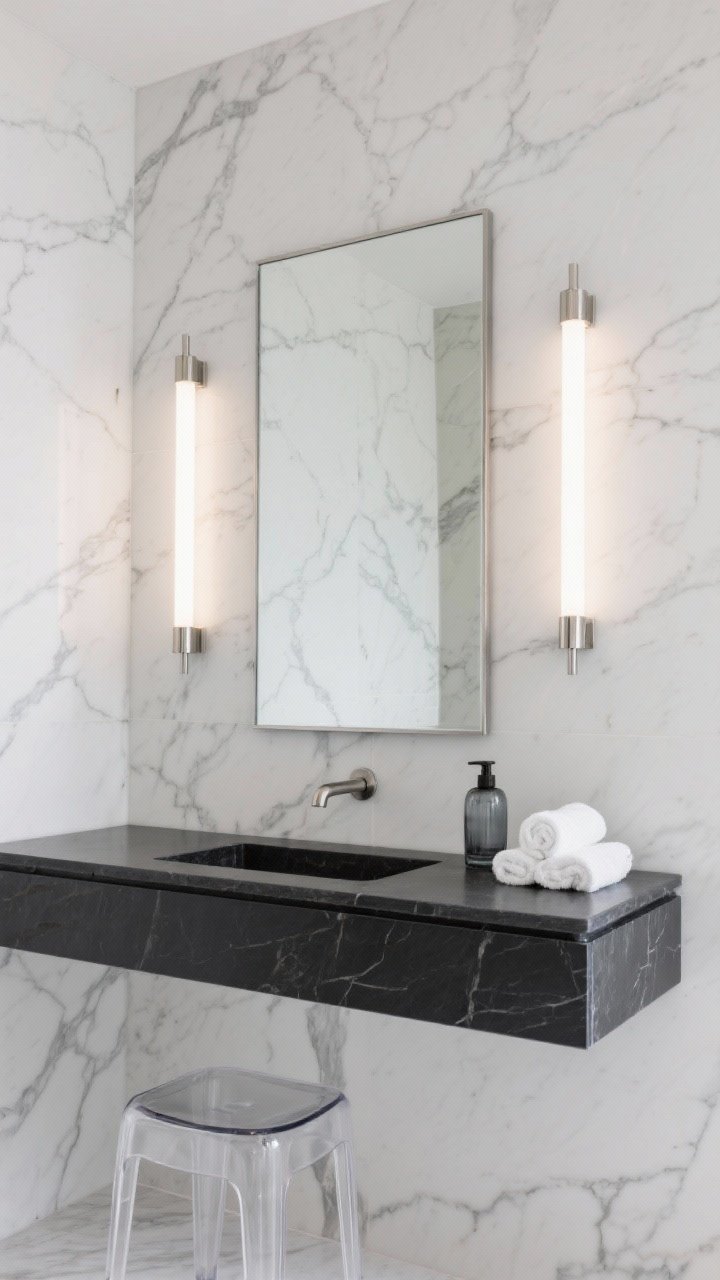 Straight-on medium: Sleek white marble walls with gray veining, flanked by vertical light bars on either side of a slim metal-framed mirror. Light bars have polished nickel stepped caps at top and bottom for Deco flair. A floating black stone vanity with integrated sink beneath. Accents: lucite stool, smoked glass soap dispenser, rolled white towels. Crisp, spa-like lighting, photorealistic.