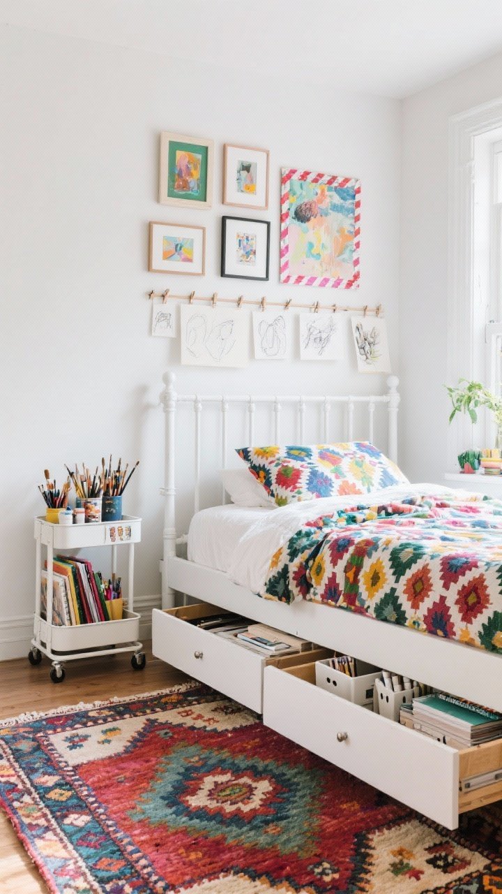 Wide art studio nook bedroom: matte white captain bed with a vibrant, patterned duvet. A lively gallery wall above with small frames, washi tape borders, and a clip rail holding sketches. Bedside rolling cart stocked with paints and brushes; multicolor kilim rug grounding the space. Drawers pulled out to reveal canvases, sketchbooks, and neatly stacked supply bins. Bright, creative daylight.